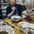 Richard Heeley at work in his pottery in Shropshire Feb 2018